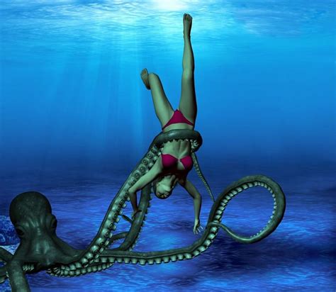 Woman being pulled down by an octopus; Tentacles